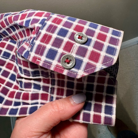 Bugatchi‎ Men's Size Large Shaped Fit Button Front Shirt Navy/Red Plaid - Picture 4 of 7